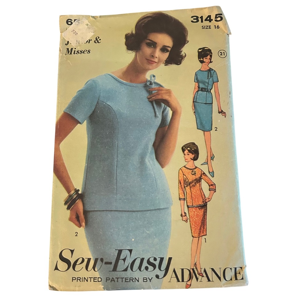 Advance 3145 Two-Piece Dress Pattern Misses Size 16 Blue Vintage 1960s Mod Skirt